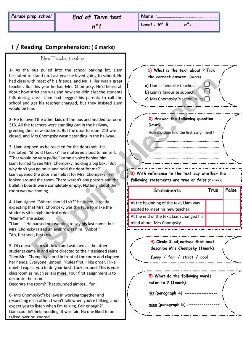 End of term test 1 9th form worksheet