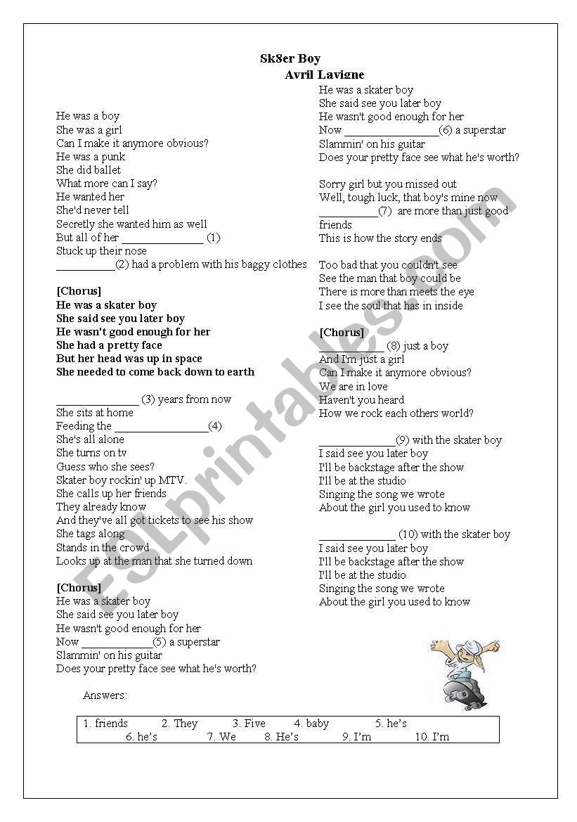 Song Skater Boy worksheet