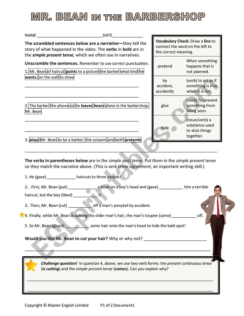 Mr Bean Barber Shop-Worksheet Simple Past & Present in Narrative