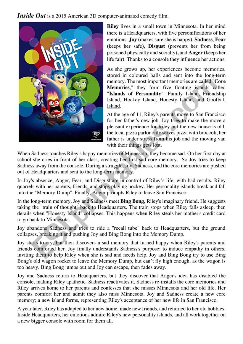 Film Inside Out - plot worksheet