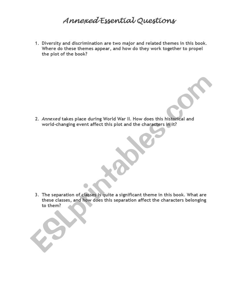 Annexed Essential Questions worksheet