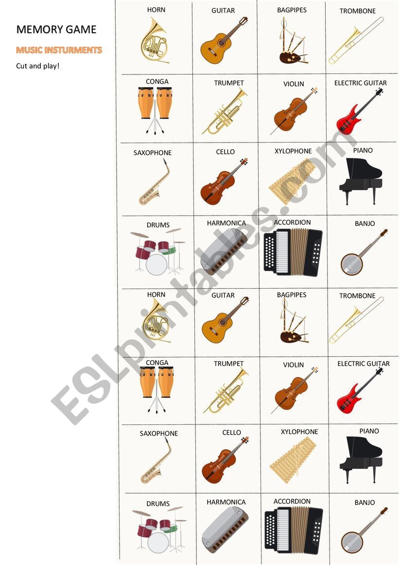 Music instruments memory game worksheet