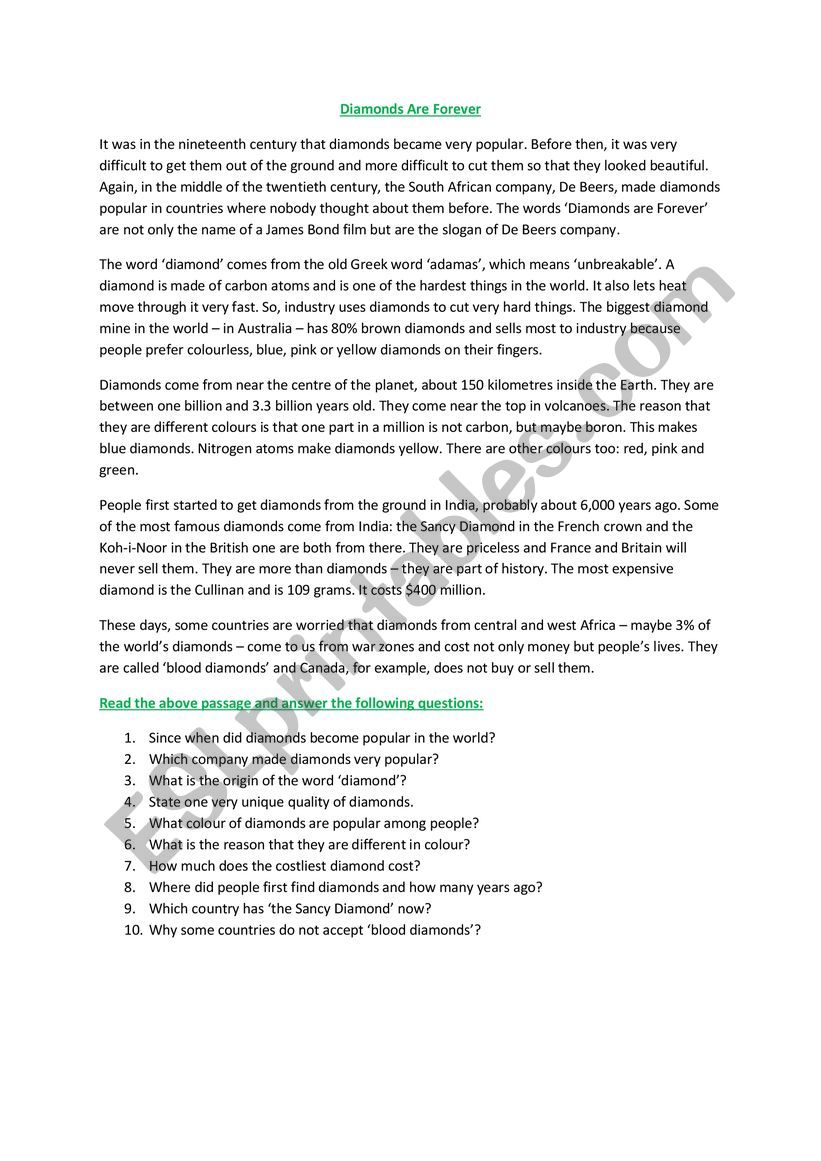 Diamonds Are Forever worksheet