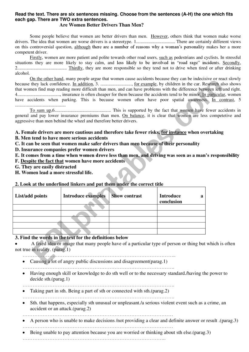 reading and linkers worksheet