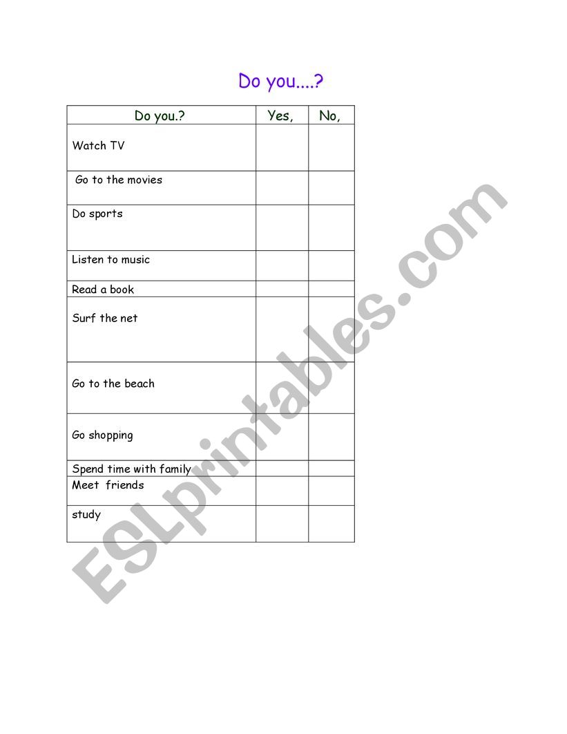 free time activities worksheet