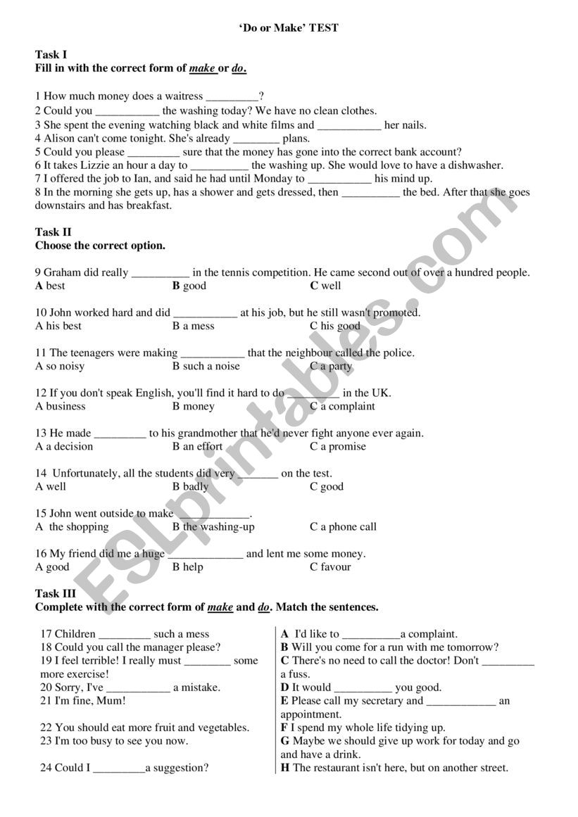Do or Make Test worksheet