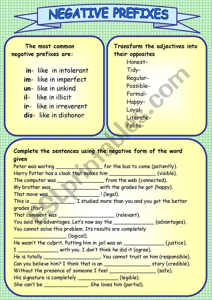 Negative prefixes worksheet