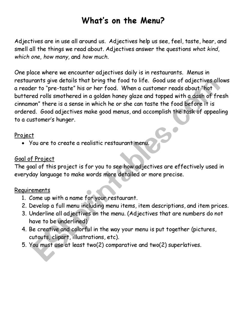 What�s on the Menu  worksheet