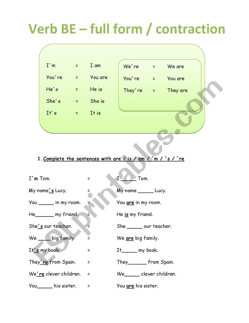 Verb BE contraction  worksheet
