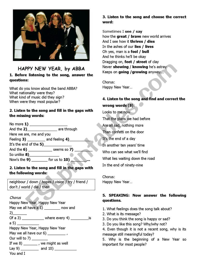 Happy New Year - song by Abba worksheet