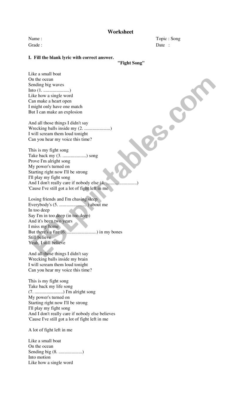 worksheet song worksheet