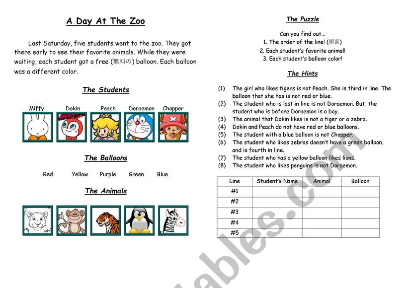 A Day at the Zoo worksheet