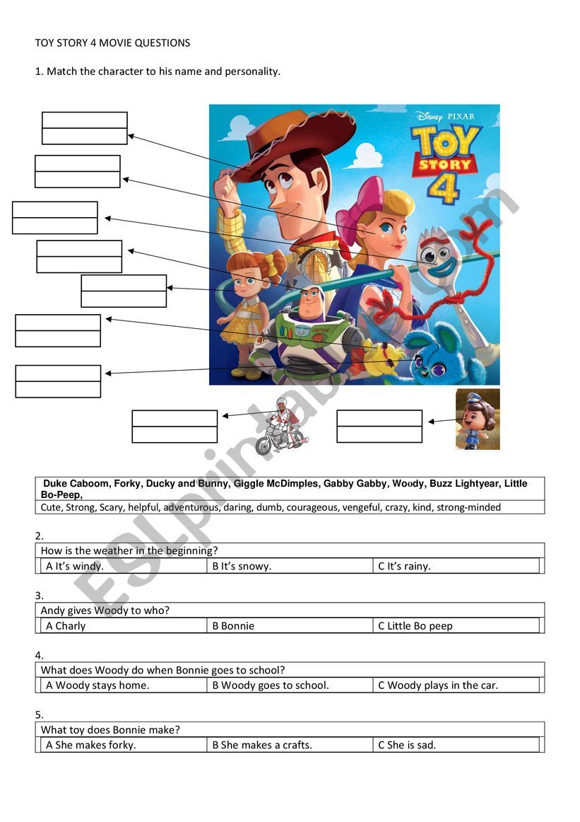 Toy Story 4 Movie Questions worksheet