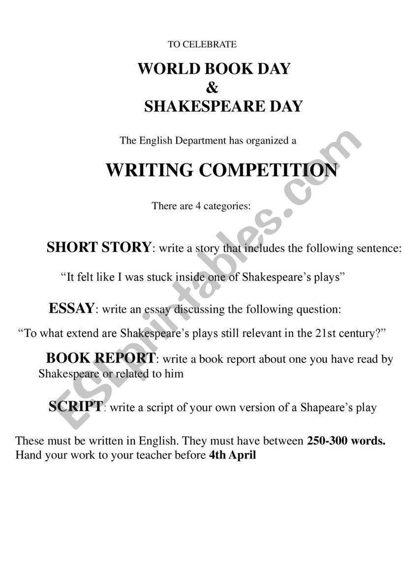 SHAKESPEARE WRITING CONTEST worksheet