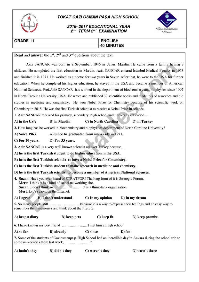 16-17 GRADE 11 2nd Term 2nd Test