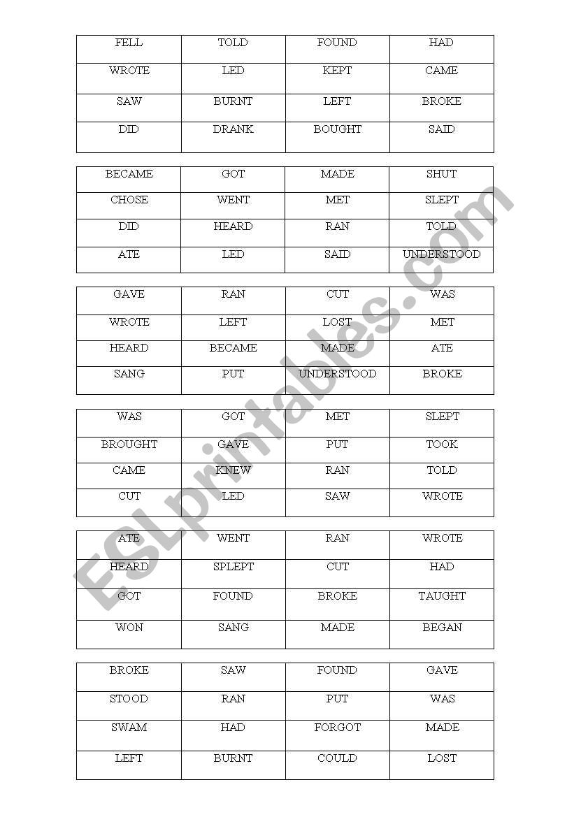 BINGO VERBS..SIMPLE PAST IRREGULAR VERBS