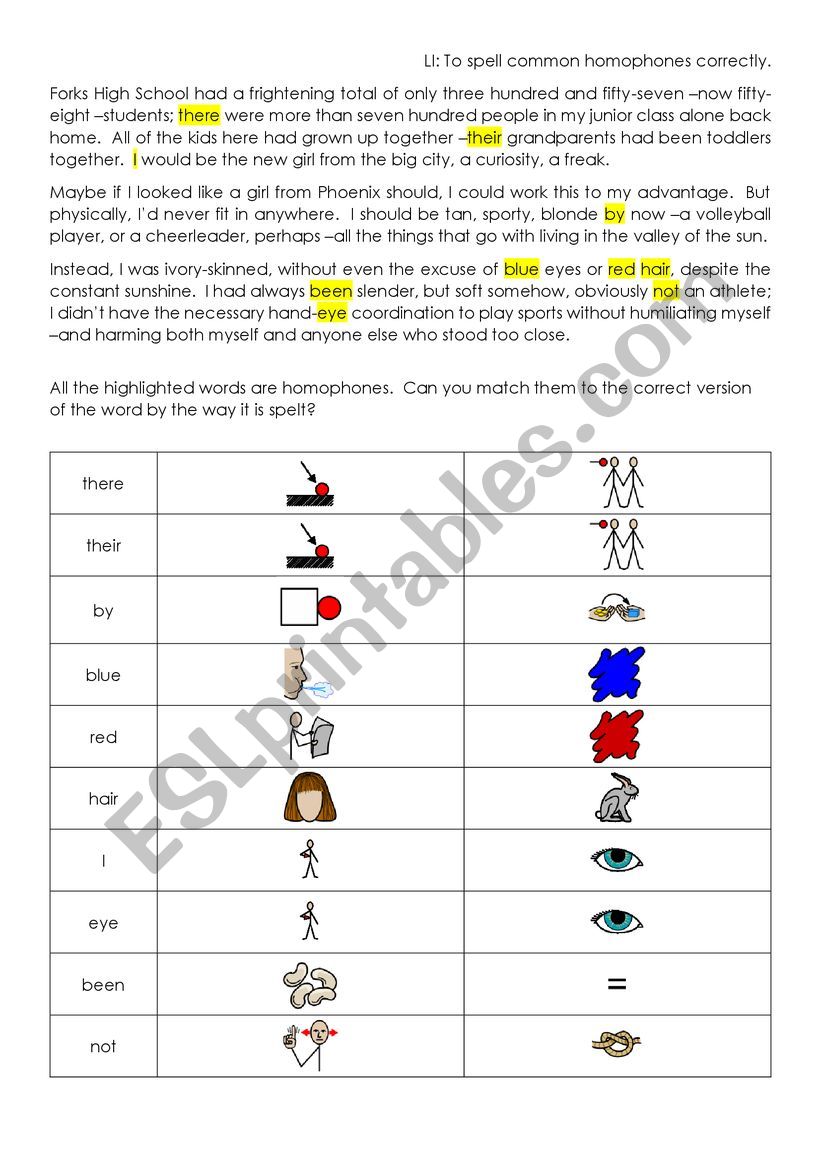 To understand homophones worksheet