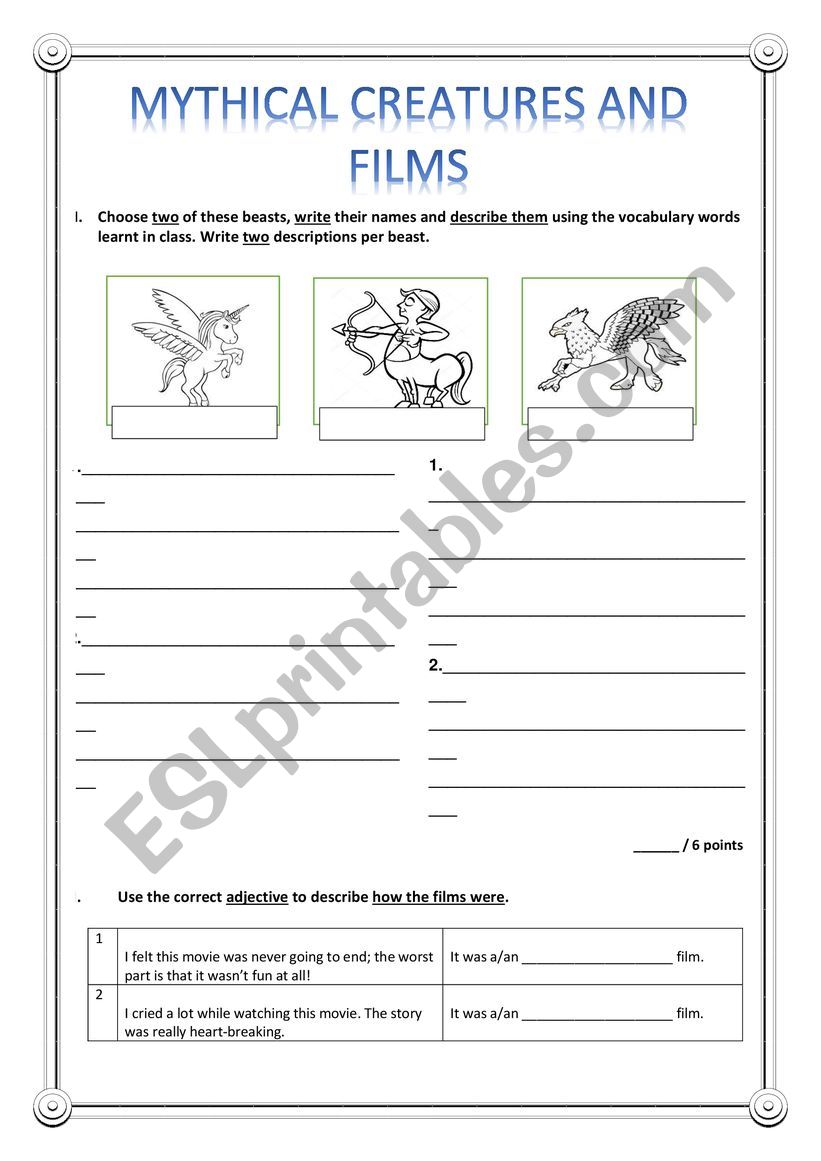 Mythical Creatures and Films worksheet