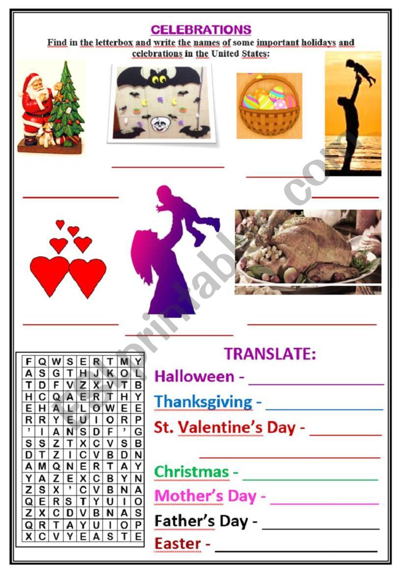 CELEBRATIONS AND HOLIDAYS worksheet