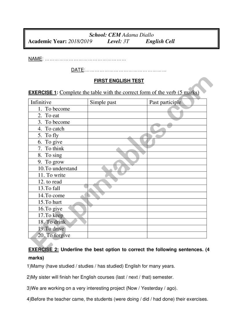 3e class test worksheet