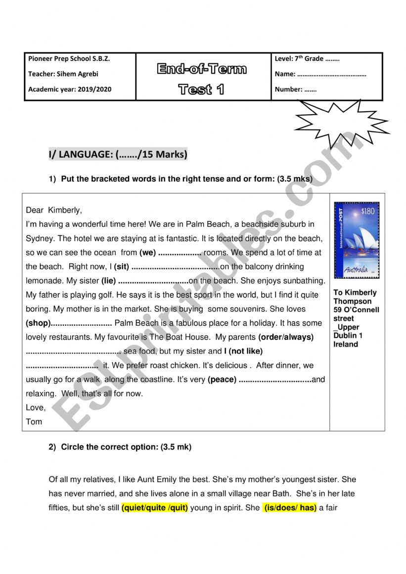 End of term 1 test 7th form (modules 1 and 2)