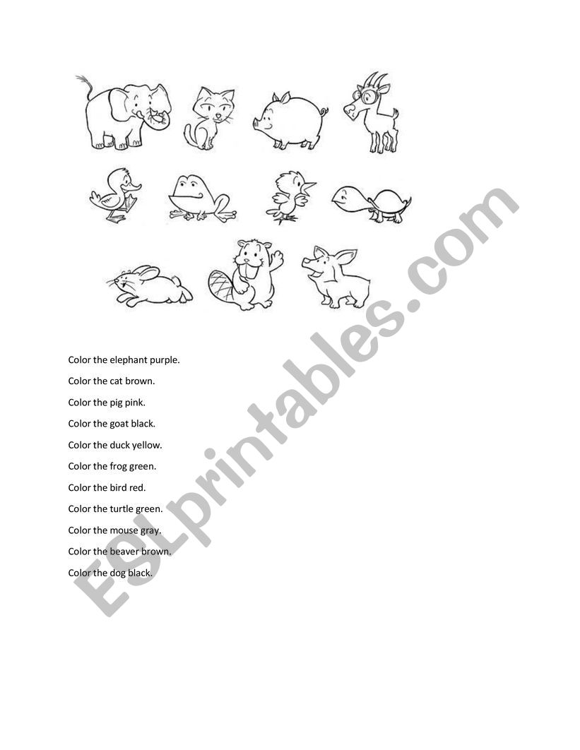 color animals worksheet