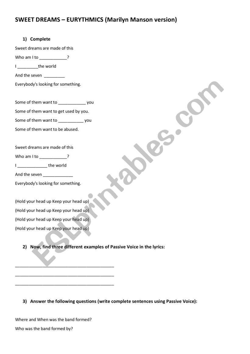 Sweet Dreams - Used to worksheet