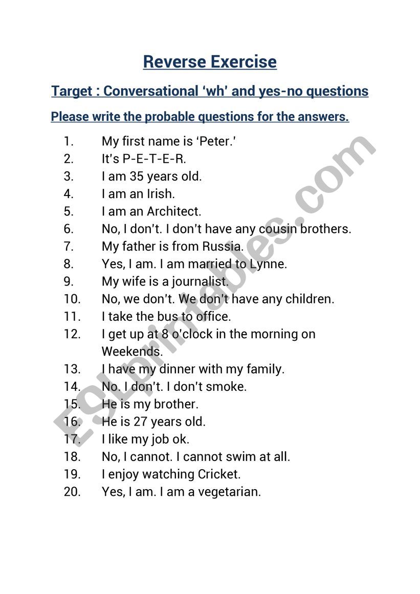 Reverse Questions Exercise worksheet
