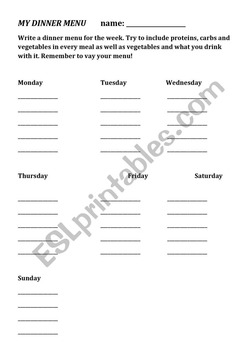 Dinner menu worksheet