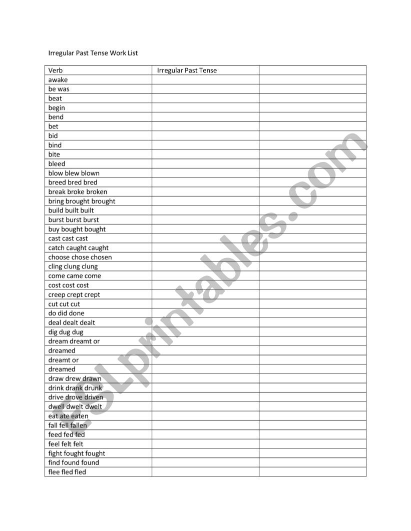 Irregular Past Tense Forms Word List