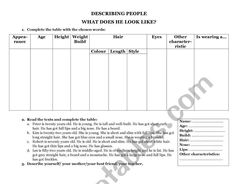 Describing people worksheet