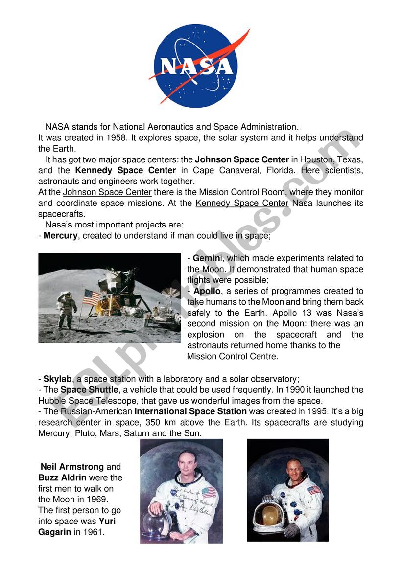 Nasa - reading comprehension worksheet