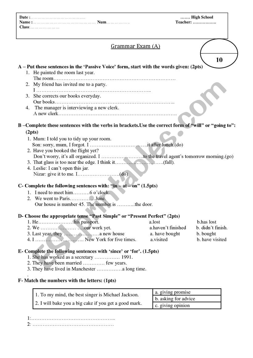 bac quiz worksheet