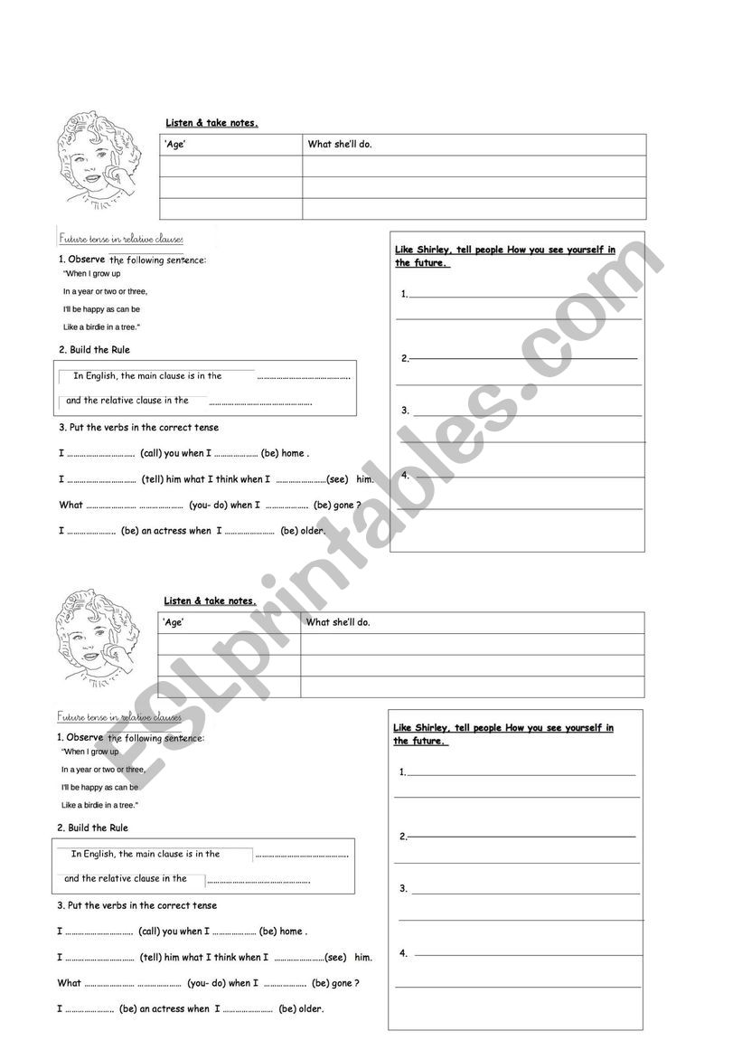 Shirley Temple WHEN I GROW UP worksheet
