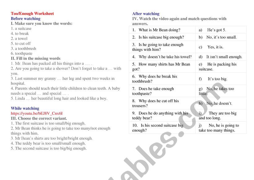 too/enough worksheet worksheet