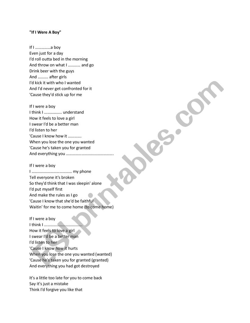 If I were a boy- Song - Second Conditional listening/grammar Practice 