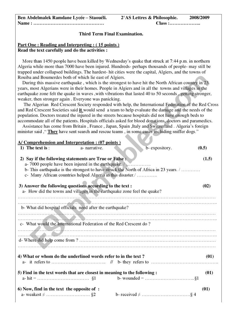 earthquake exam worksheet