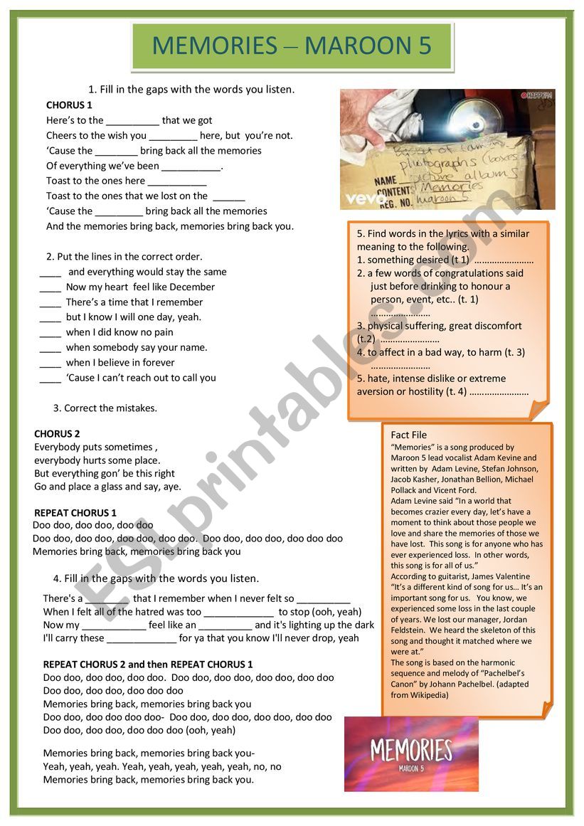 Memories - Maroon 5 worksheet