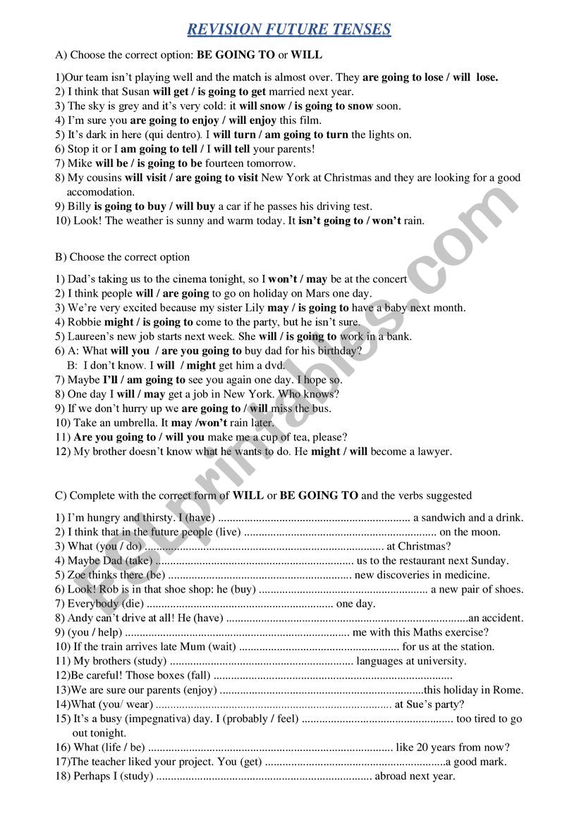 Future tenses - excercises worksheet