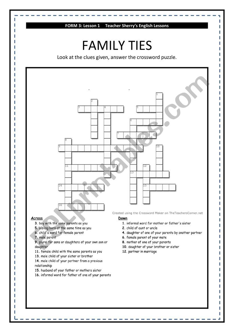 family ties crossword worksheet