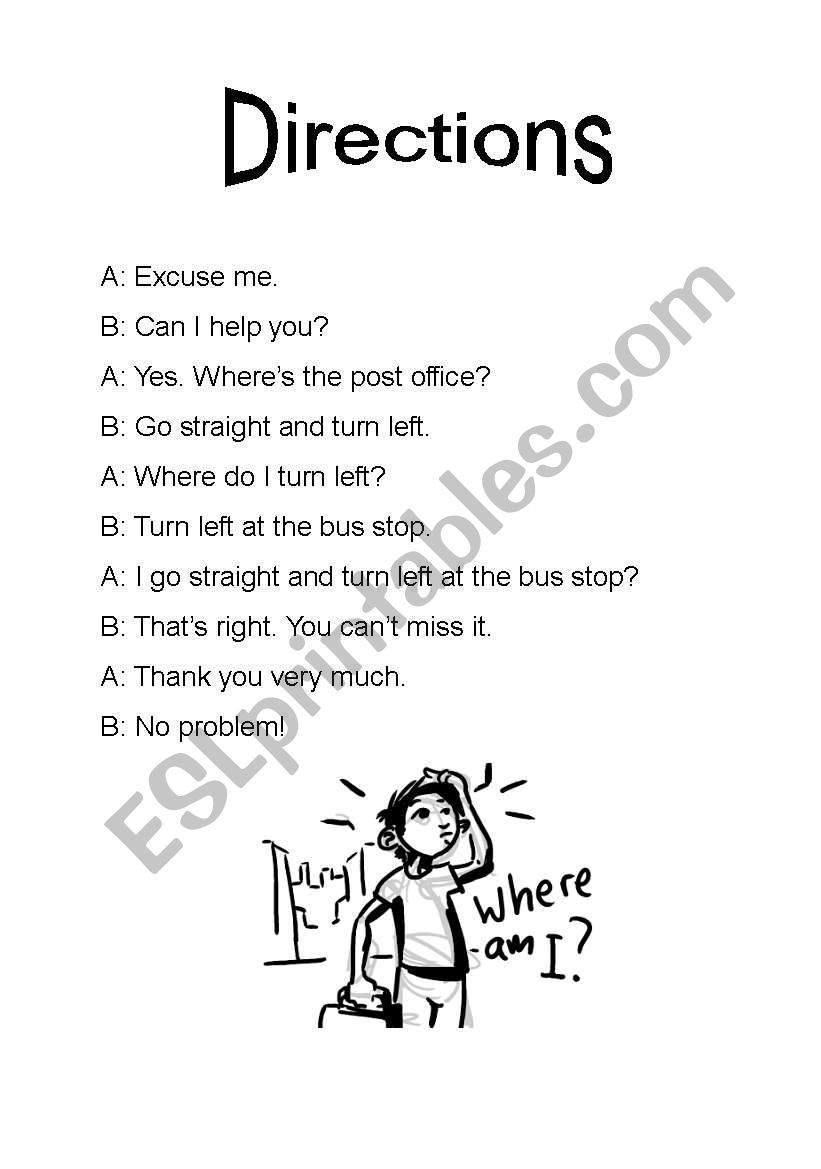 Giving Directions Dialogue - ESL worksheet by kathrynhope79
