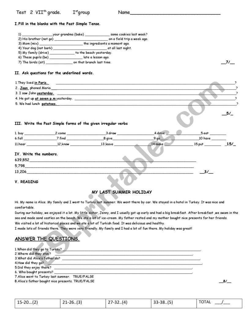 Test 2 for seventh grade worksheet