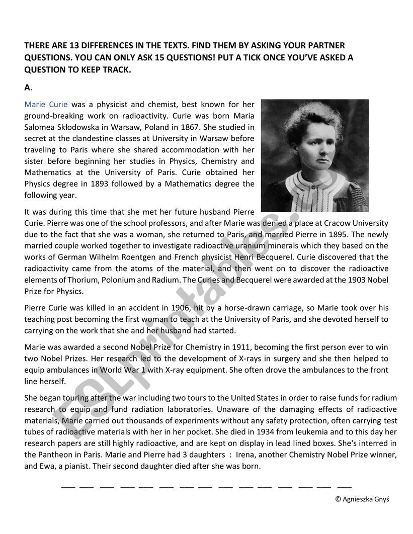 Marie Curie biography read and find differences