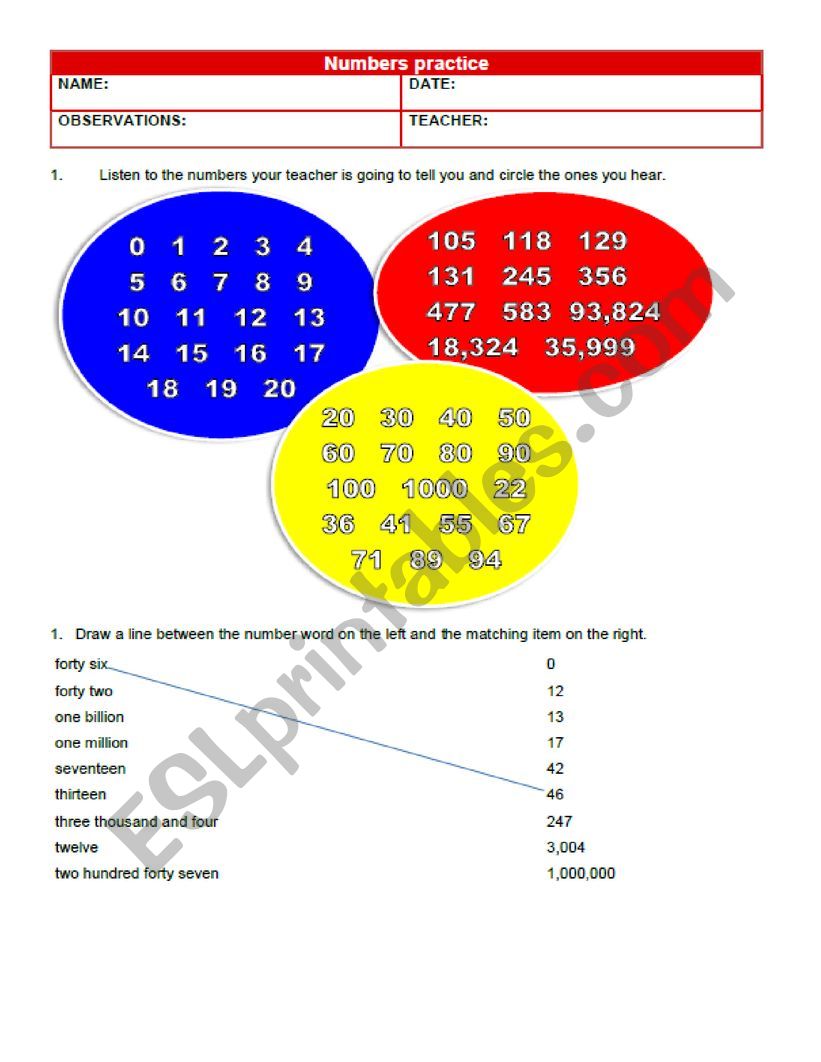 numbers worksheet