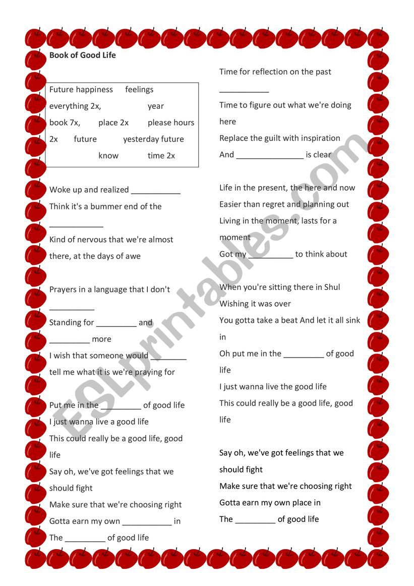 Rosh hashana song worksheet