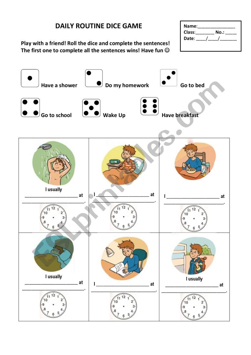 Daily Routine Dice Game worksheet
