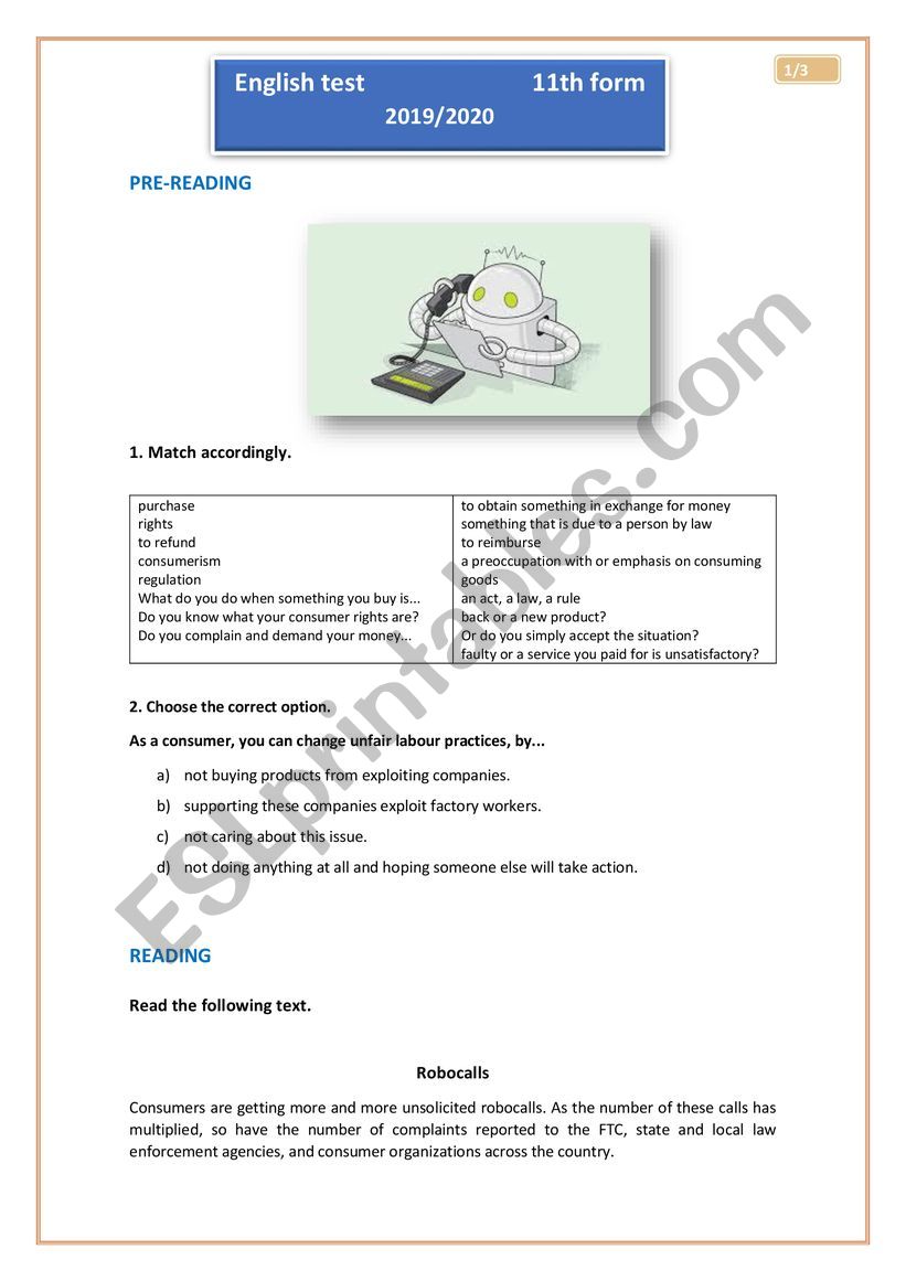 11th form test on Robocalls worksheet