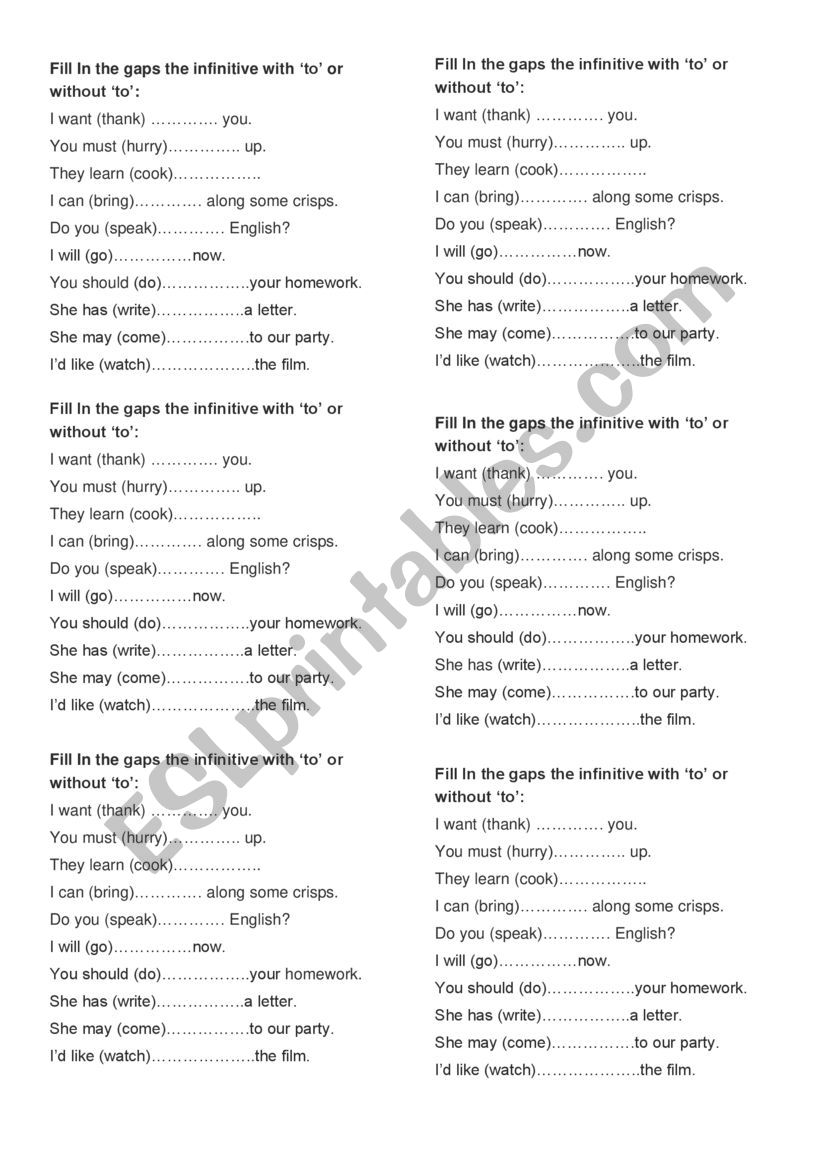 (to) infinitive worksheet