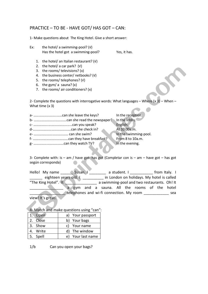 Hotel Grammar worksheet