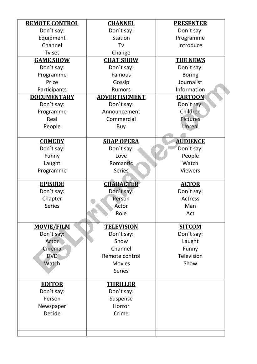 TV TABOO CARDS worksheet